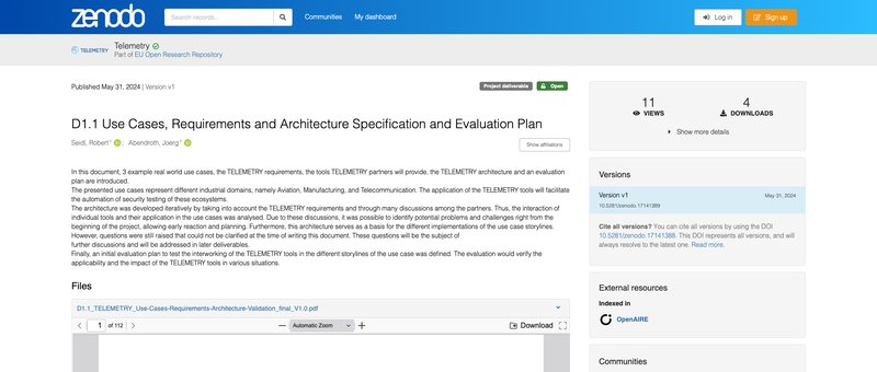 TELEMETRY D1.1 record on Zenodo — Use Cases, Requirements and Architecture