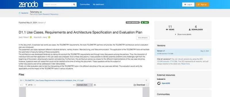 TELEMETRY D1.1 record on Zenodo — Use Cases, Requirements and Architecture